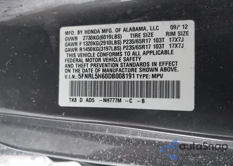 2013 Honda Odyssey Ex-L z USA, uszkodzony, nr VIN 5FNRL5H60DB008191